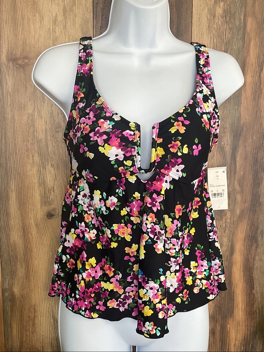 Lands' End Black Floral V-Neck Tankini Top NWT
